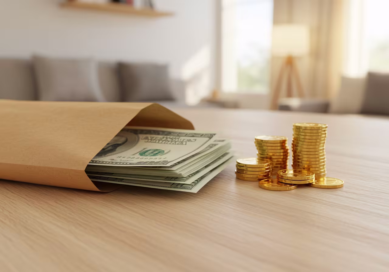 Envelope with cash and coins representing rent gap support funds