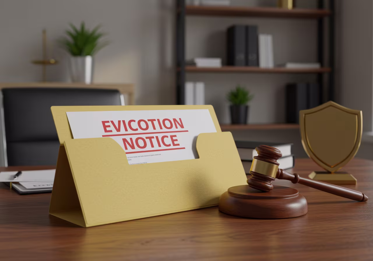 Eviction notice with gavel and shield representing full legal stabilization