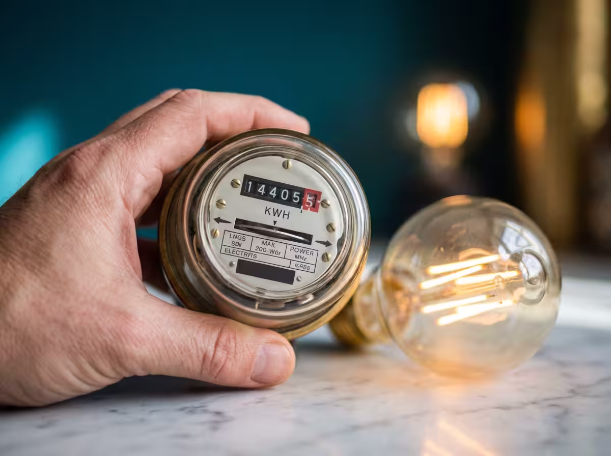 Lit lightbulb next to a utility meter