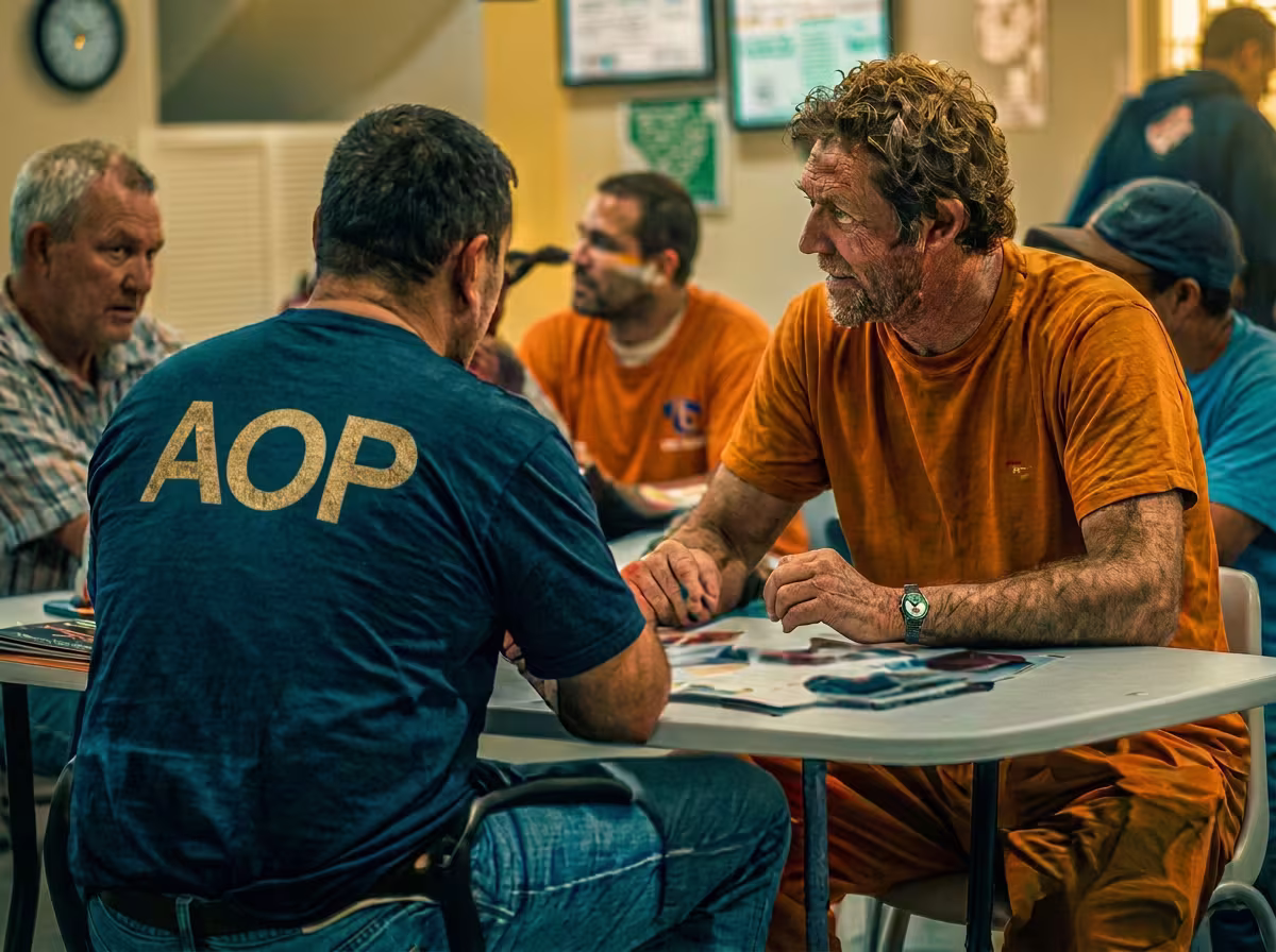 AOP volunteer in conversation with a participant during an outreach visit