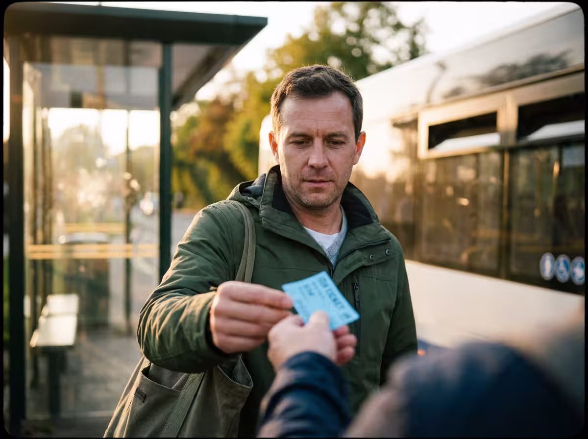 Commuter receiving a transit pass at a bus stop