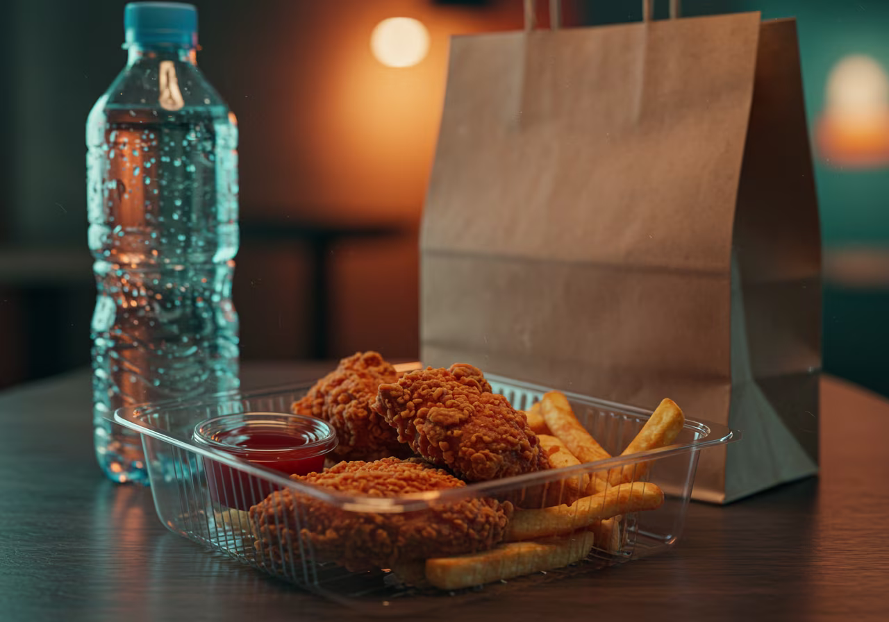Grocery bag with bread, canned goods, and fresh produce