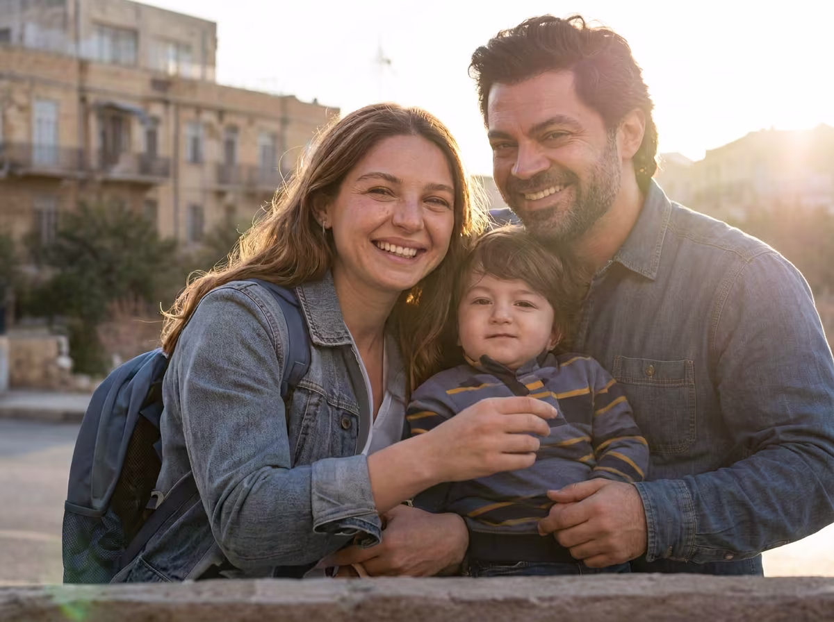 Family with child holding a model home outside their new home