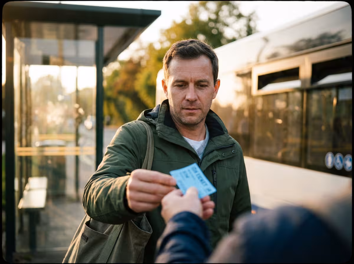 Commuter receiving a transit pass at a bus stop