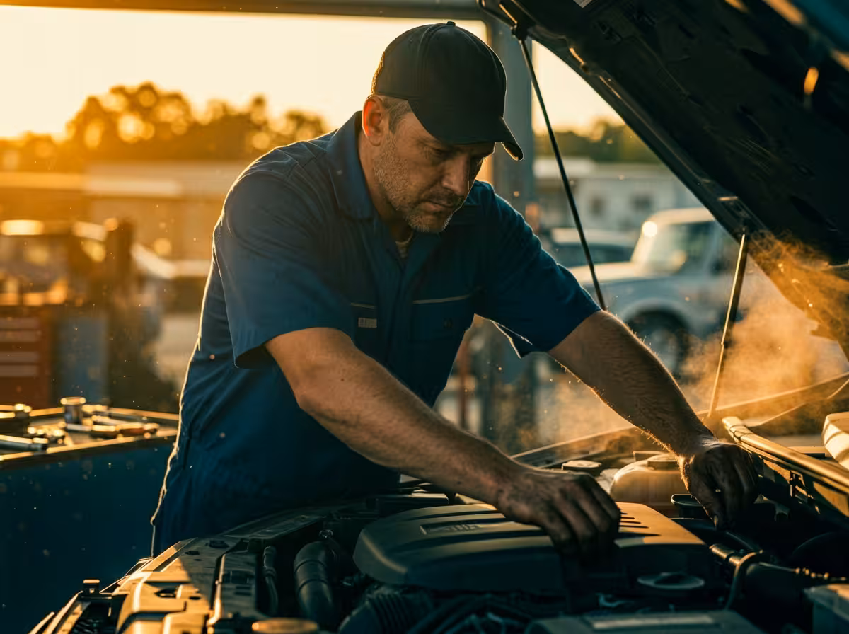 Mechanic repairing a vehicle engine under an open hood